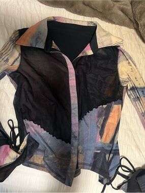 Sheer Multicolor Mesh Button-Front Women's Top